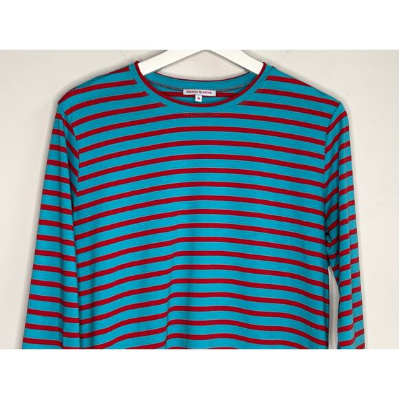 Frances Valentine Pima Cotton Striped Long Sleeve Crew Neck Tee Turquoise Red M - Picture 5 of 9